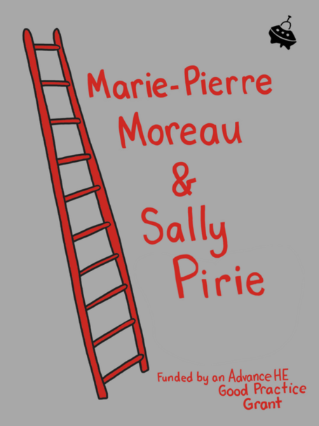 [Translate to English:] A red ladder next to the names Marie-Pierre Moreau and Sally Pirie