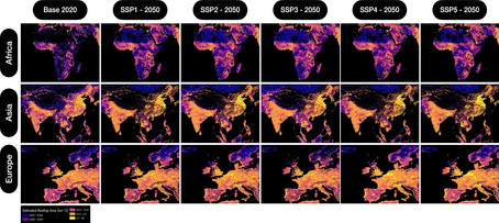 Karten von Afrika, Asien und Europa zeigen das prognostizierte Dachflächenwachstum bis 2050 in verschiedenen Szenarien