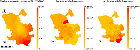 Landkarte von Madrid, die Höchsttemperaturen im Sommer zeigt und diese mit Alter und Bildungsstand der Bevölkerung in Verbindung setzt.