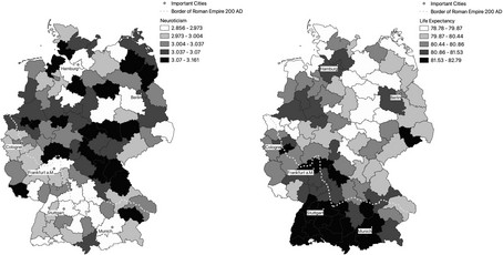 [Translate to English:] Karte von Deutschland mit Verlauf des römischen Limes und Werten zu durchschnittlicher Lebenserwartung und Neurotizität